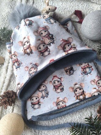 Myšky - set zimní čepice ušanky s bambulí a nákrčníku